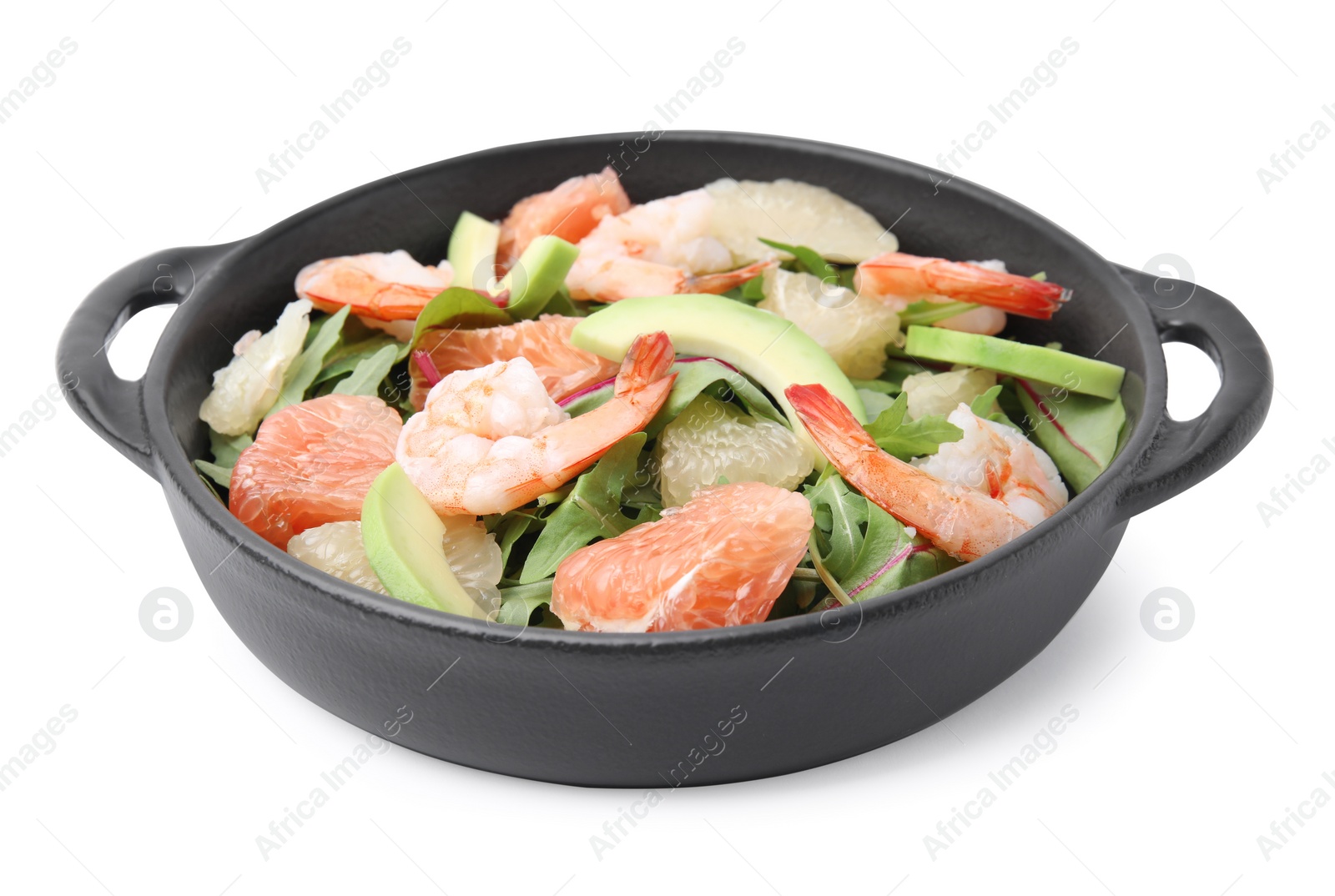 Photo of Delicious pomelo salad with shrimps in serving pan isolated on white