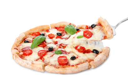 Taking slice of delicious pizza Diablo on white background