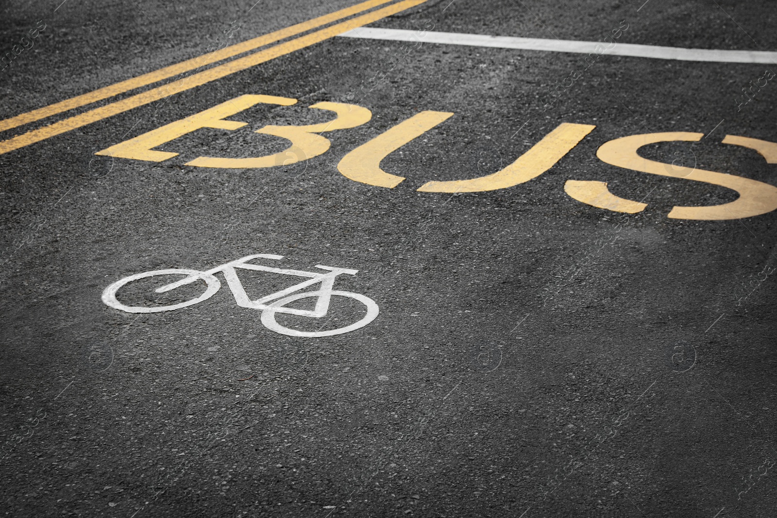 Photo of Bicycle and bus lane signs painted on asphalt