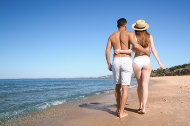 Photo of Woman in bikini and her boyfriend on beach, back view with space for text. Lovely couple