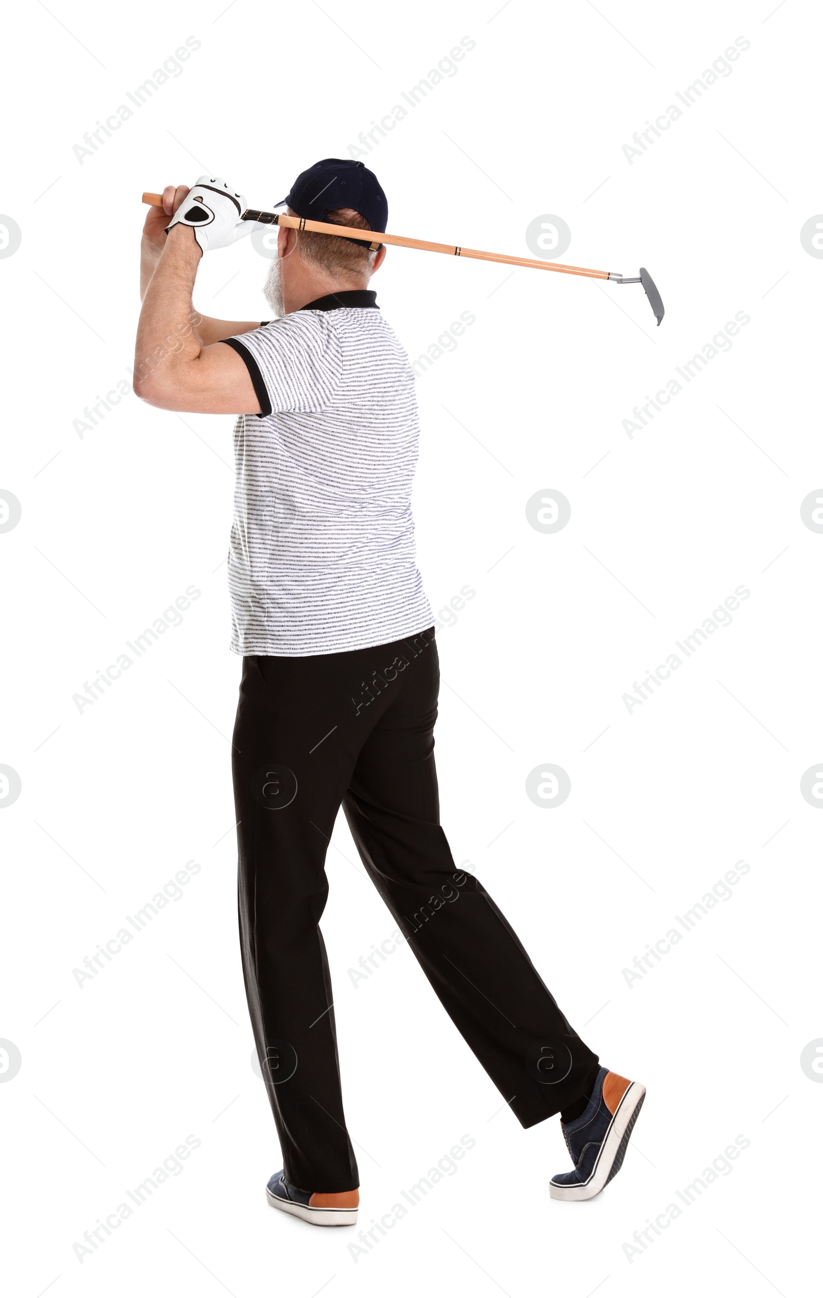 Photo of Senior man playing golf on white background