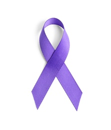 Photo of Purple awareness ribbon on white background, top view