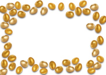 Image of Frame made of shiny golden eggs on white background, top view