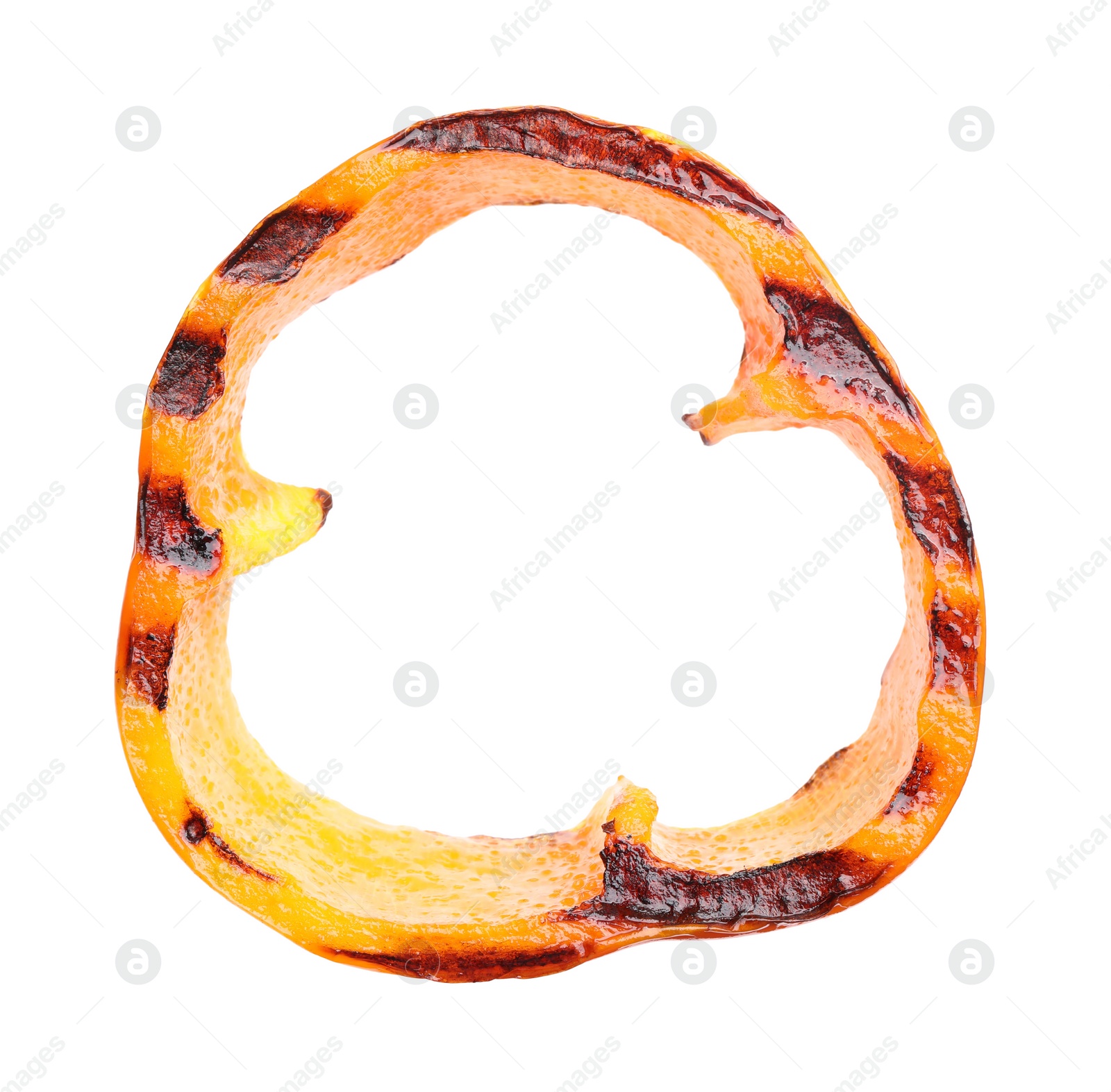 Photo of Slice of grilled orange pepper isolated on white, top view