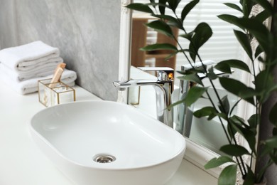 Photo of Beautiful plant near vessel sink, toiletries and mirror on bathroom vanity