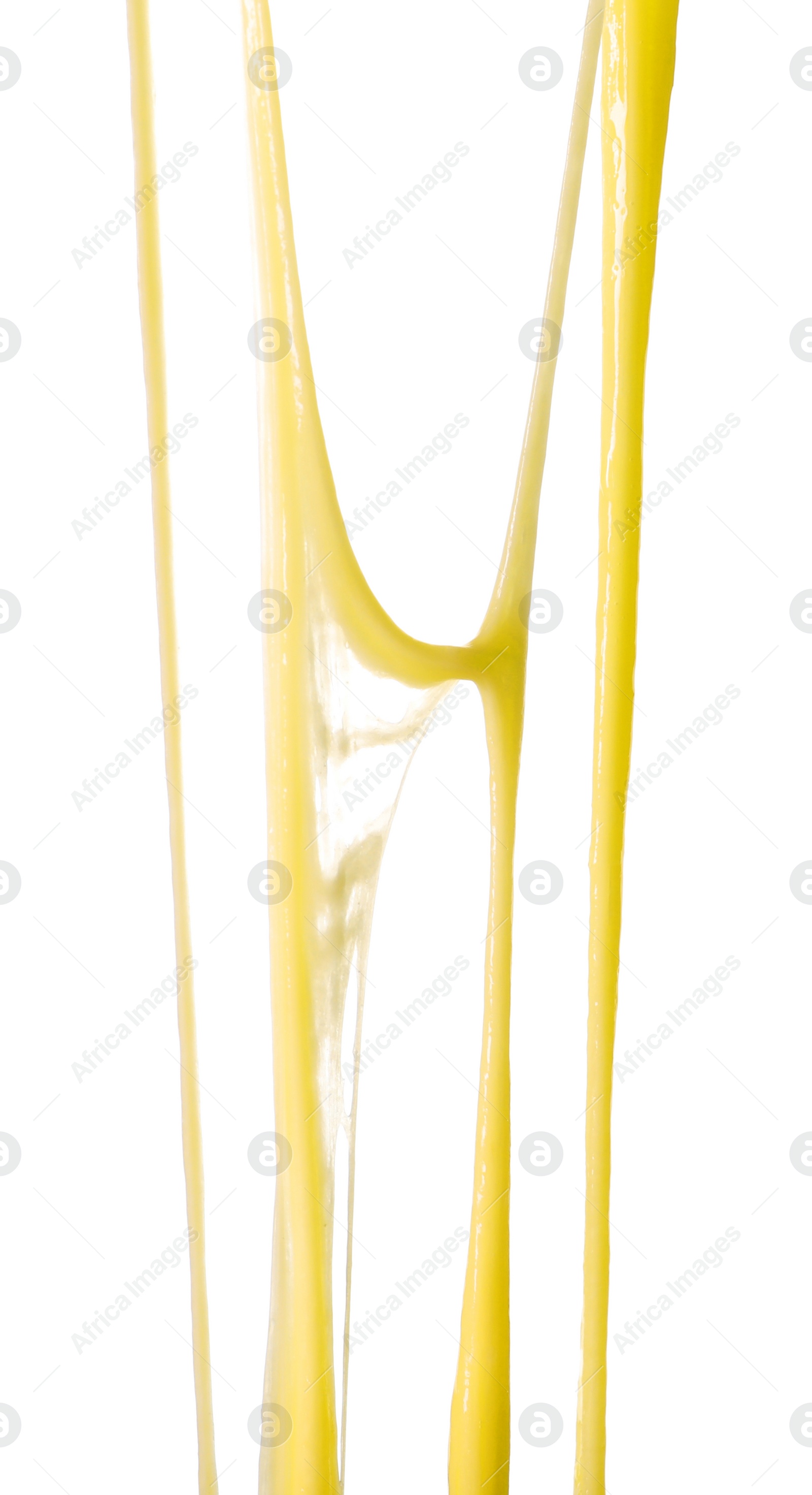 Photo of Stretching delicious melted cheese isolated on white