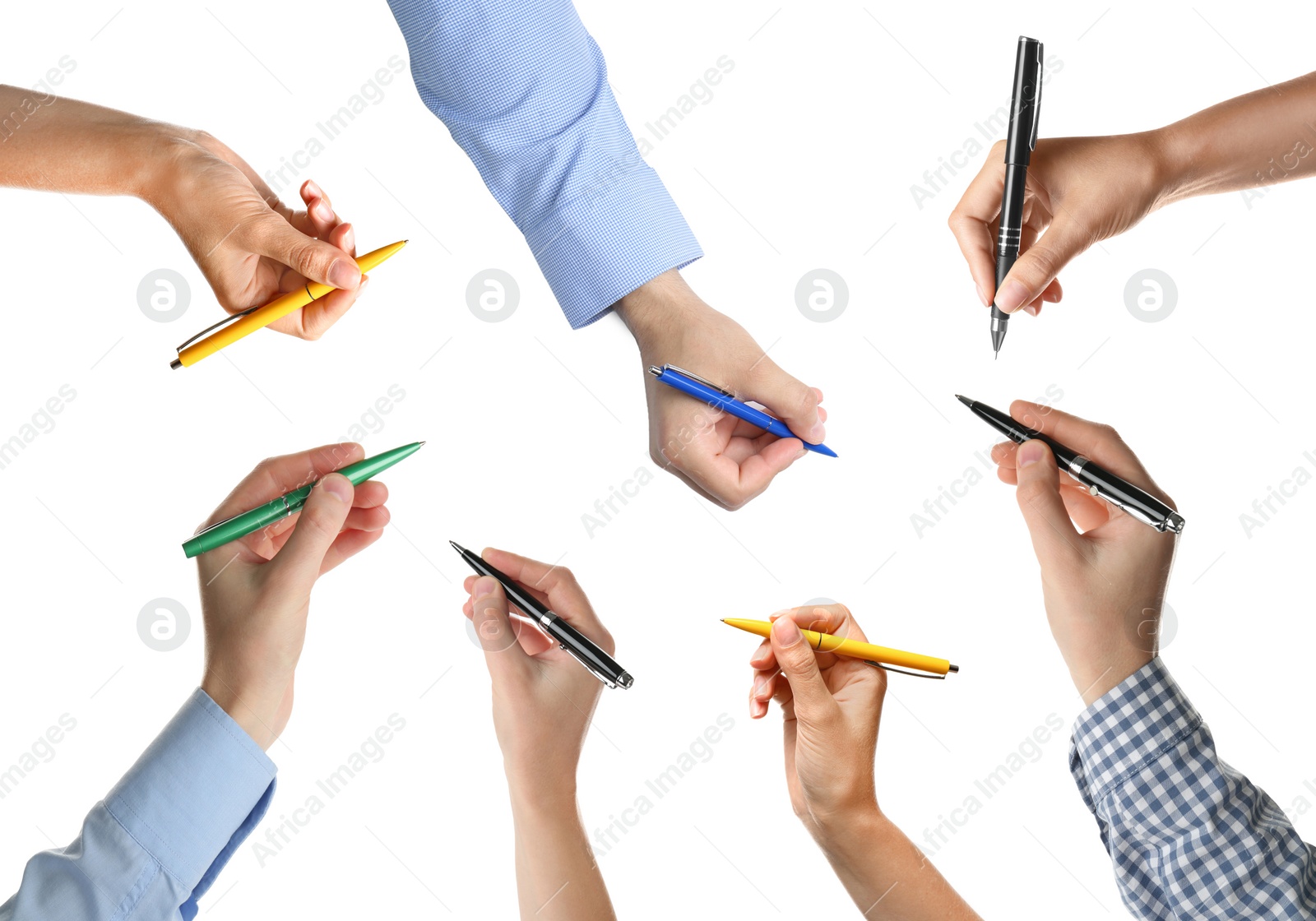 Image of Collage with photos of people holding pens on white background