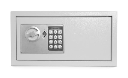 Steel safe with electronic lock on white background