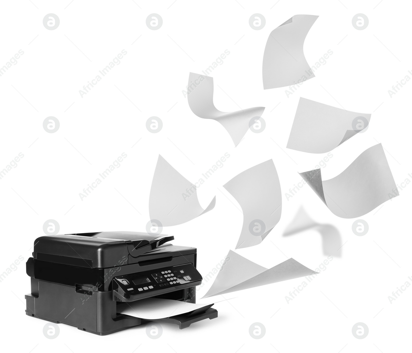 Image of Modern multifunction printer and flying sheets of paper on white background