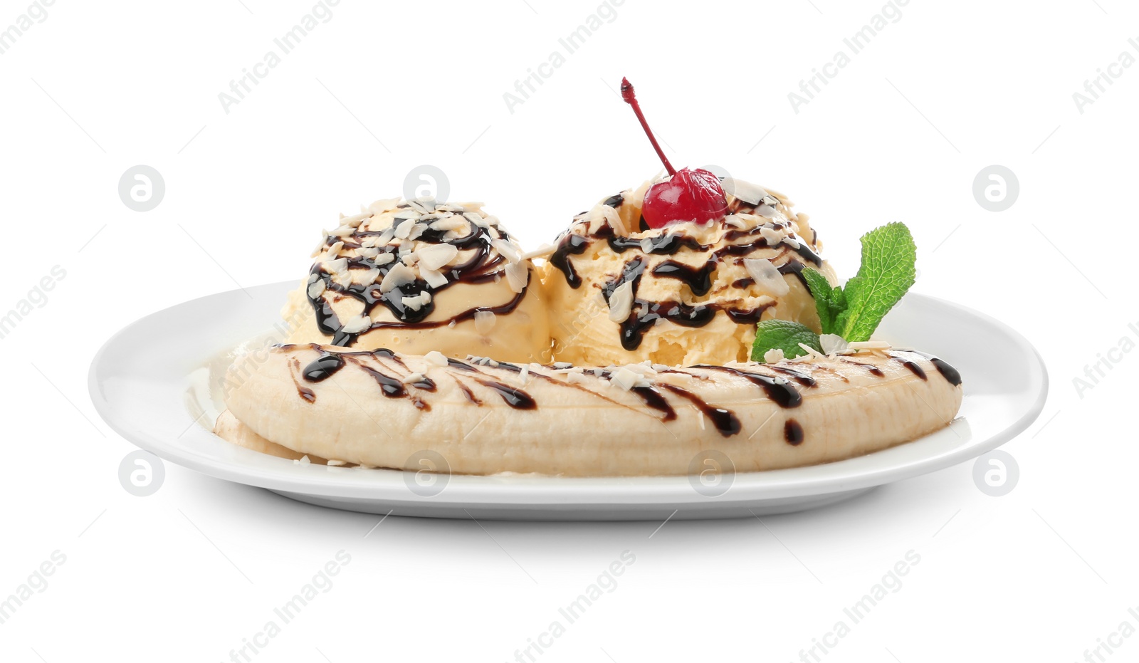 Photo of Delicious dessert with banana ice cream on white background