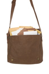 Photo of Brown postman bag with mails on white background