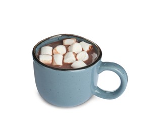 Photo of Cup of delicious hot chocolate with marshmallows isolated on white