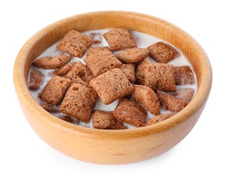 Tasty corn pads with milk in wooden bowl isolated on white