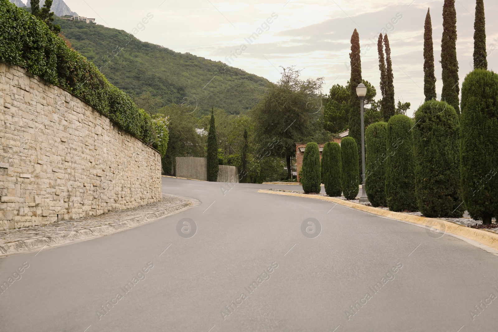 Photo of Picturesque view of road and green trees near mountains