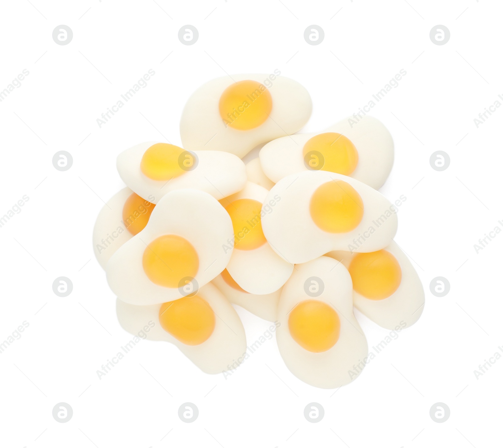 Photo of Pile with jelly candies in shape of egg on white background, top view