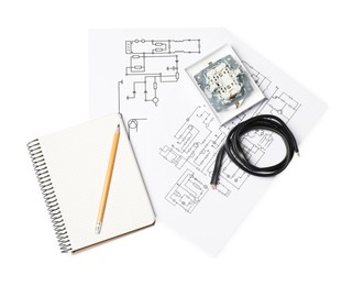 Photo of Wiring diagrams, disassembled light switch and office stationery isolated on white, top view