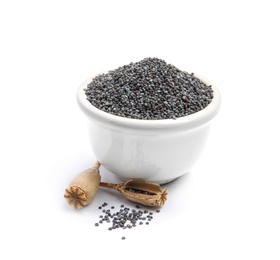 Photo of Bowl with poppy seeds on white background