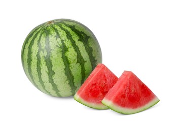 Delicious cut and whole ripe watermelons on white background