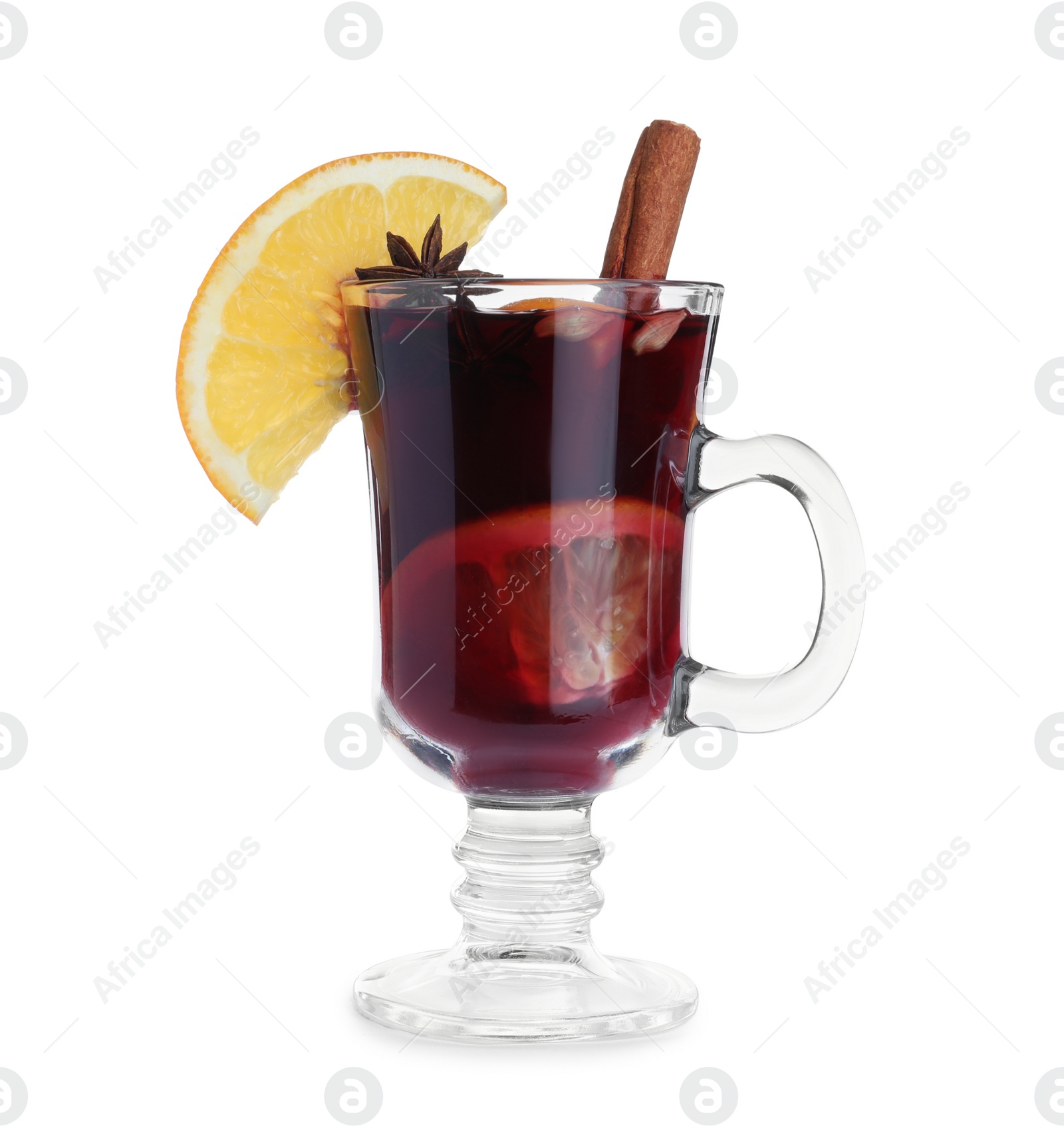 Photo of Aromatic mulled wine in glass cup isolated on white