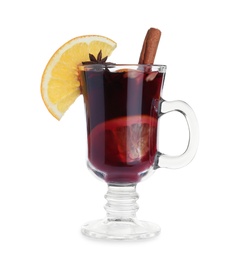 Photo of Aromatic mulled wine in glass cup isolated on white