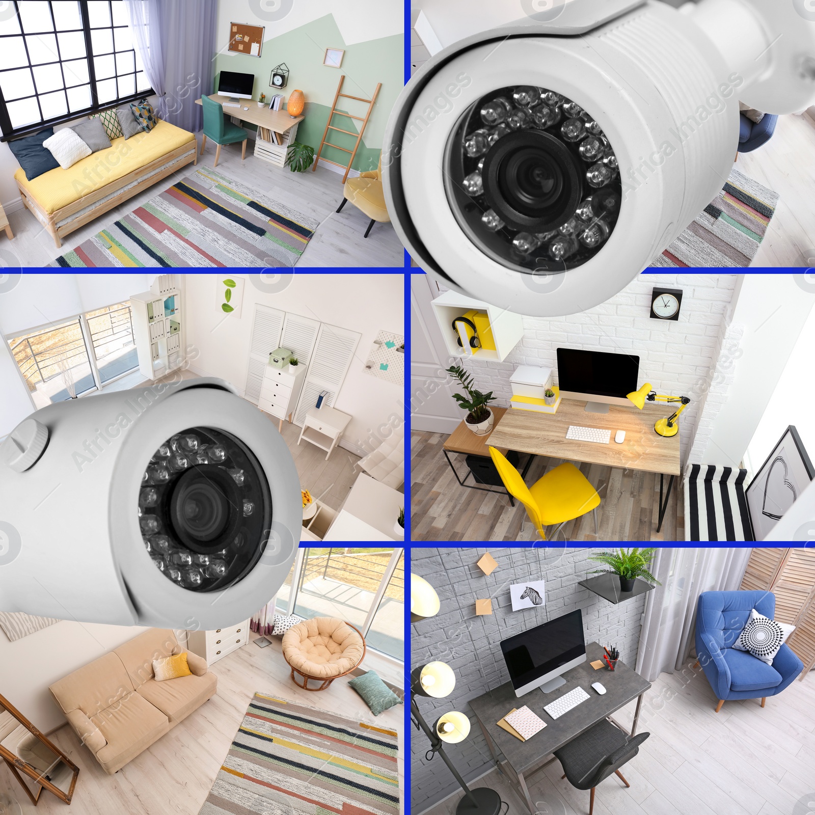 Image of View of rooms through CCTV cameras. Collage