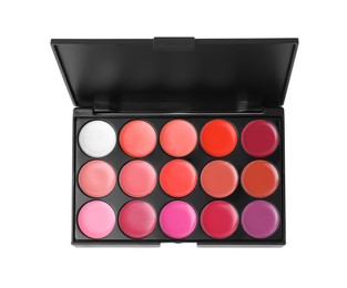 Photo of Colorful lip palette isolated on white, top view. Professional cosmetic product