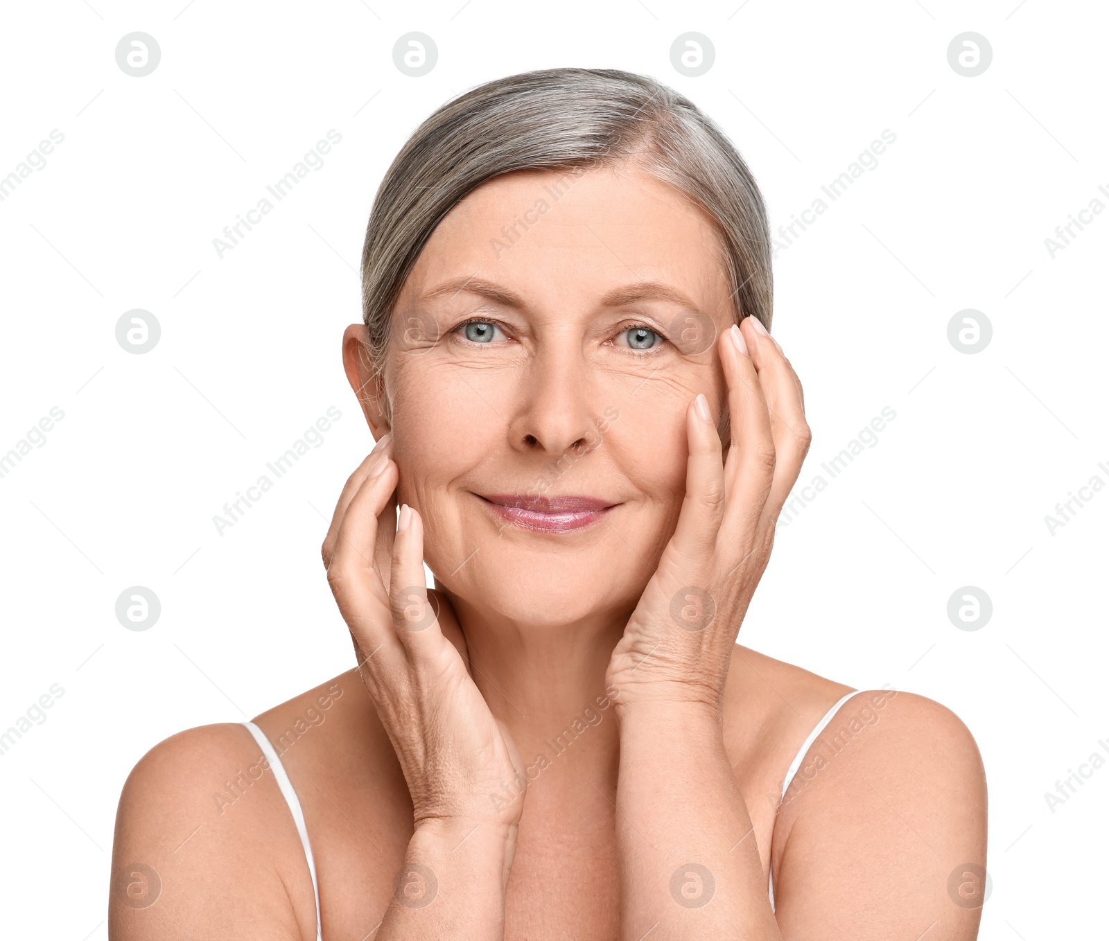 Photo of Portrait of senior woman with aging skin on white background. Rejuvenation treatment