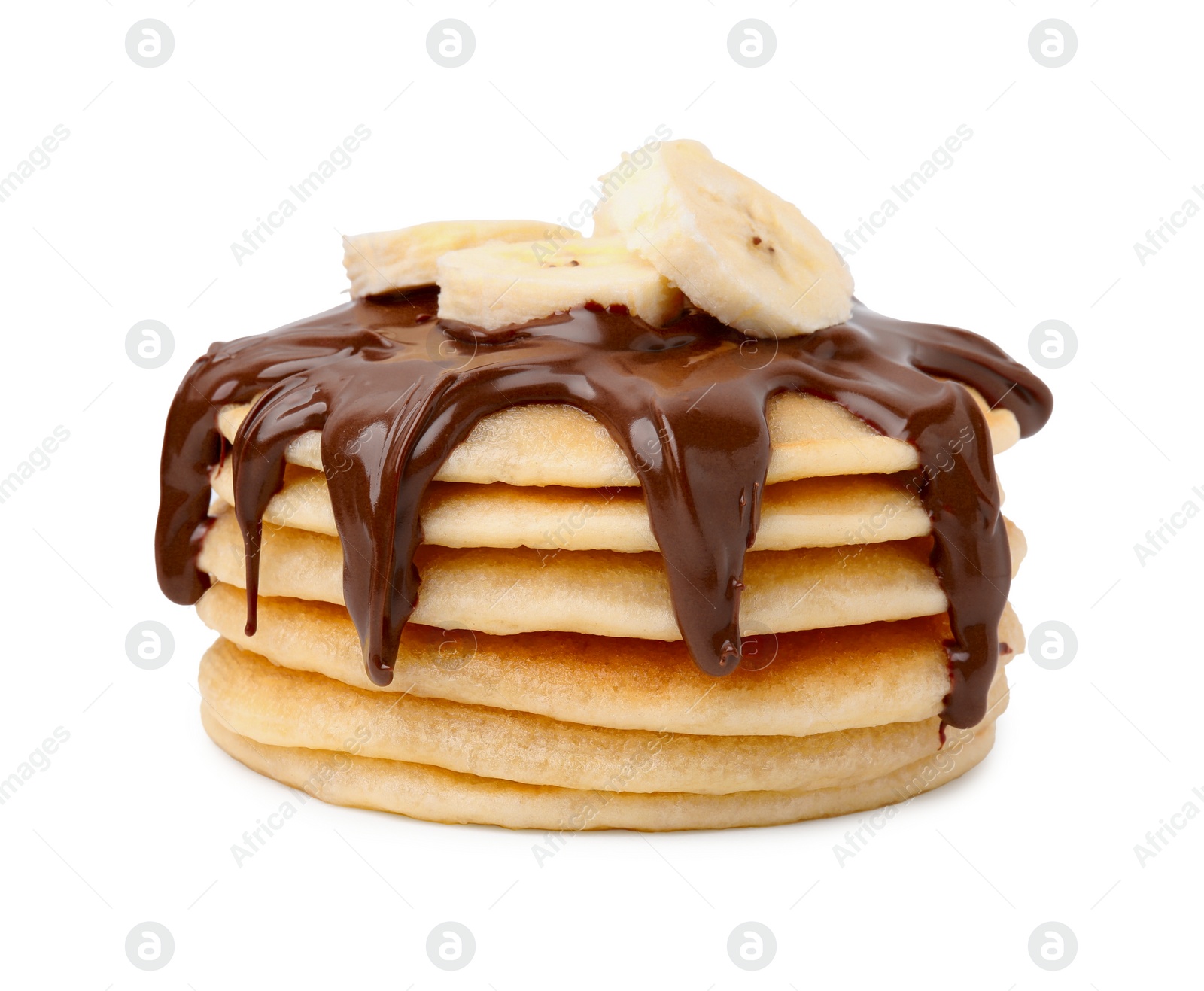 Photo of Stack of tasty pancakes with chocolate spread and banana slices isolated on white