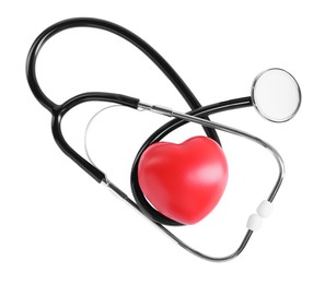 Stethoscope and red heart isolated on white, top view