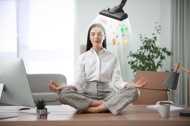 Purification of mind. Vacuum cleaner extracting bad thoughts from meditating businesswoman at workplace