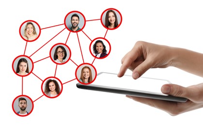 Image of Woman using tablet on white background, closeup. Scheme with avatars linked together as network