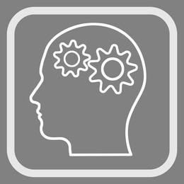 Human head with gears in frame, illustration on grey background