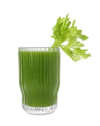 Glass of fresh celery juice on white background