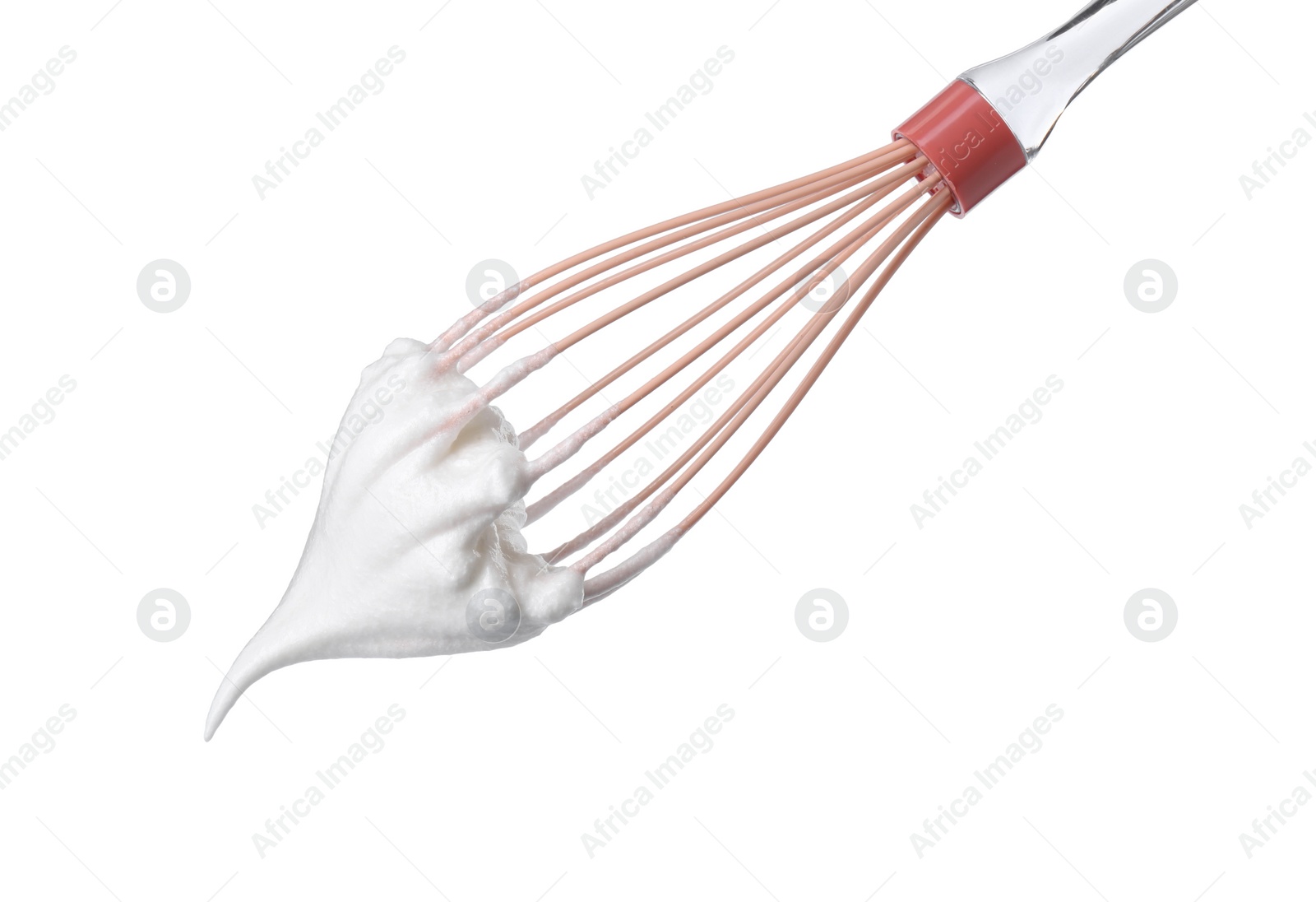 Photo of Whisk with whipped egg whites isolated on white