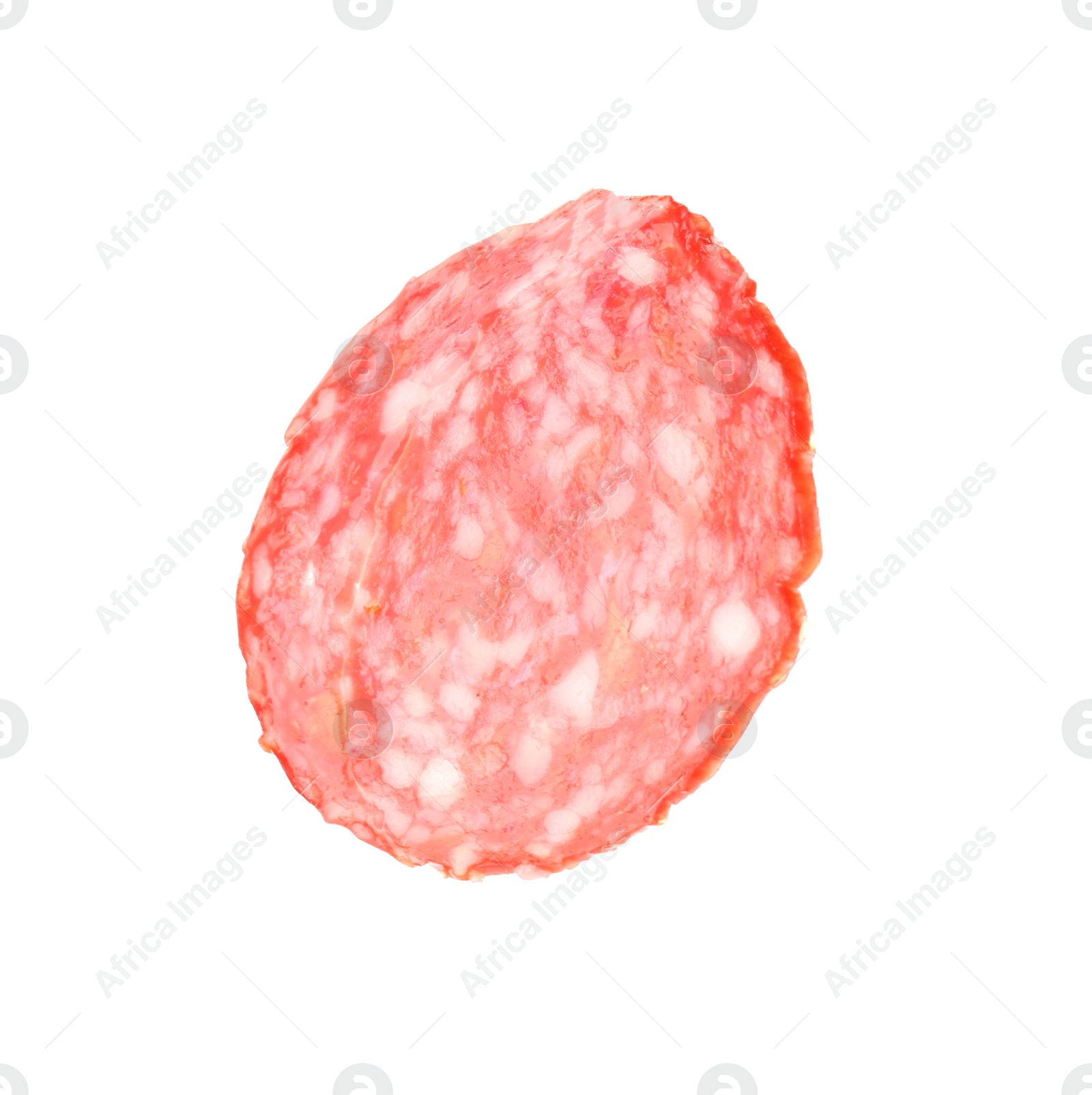 Photo of Slice of tasty salami on white background