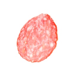 Slice of tasty salami on white background