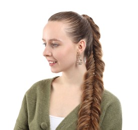 Woman with braided hair on white background