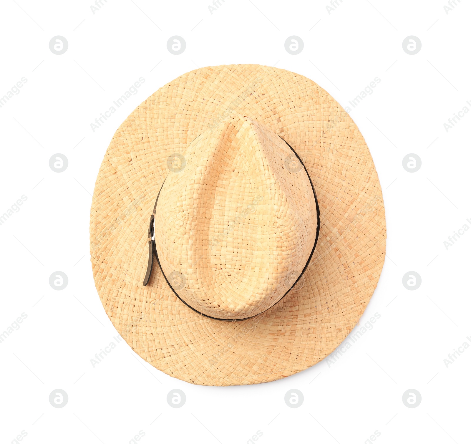 Photo of Stylish straw hat isolated on white, top view