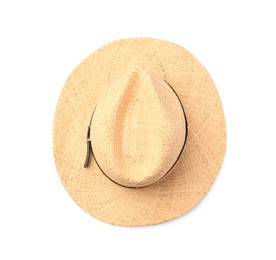 Photo of Stylish straw hat isolated on white, top view