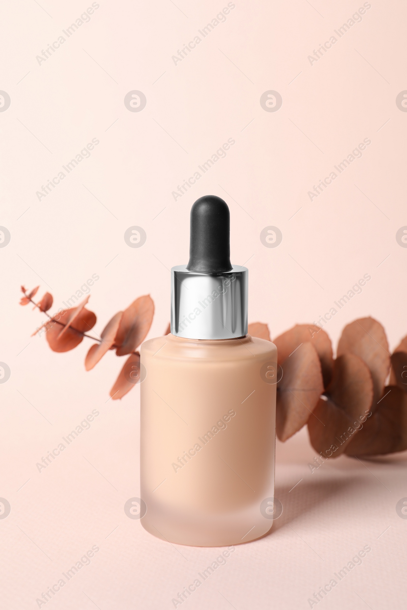 Photo of Bottle of skin foundation and decorative branch on beige background. Makeup product