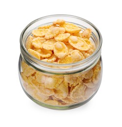 Photo of Jar of tasty corn flakes isolated on white