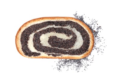 Photo of One piece of poppy seed roll isolated on white, top view. Tasty cake
