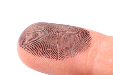 Closeup of person's finger with ink on white background. Taking prints