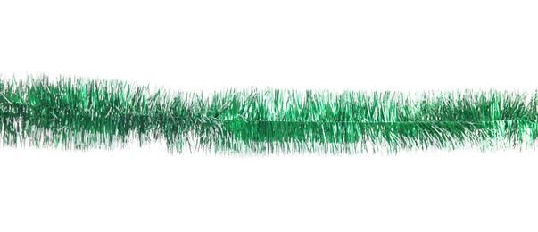 Photo of Shiny green tinsel isolated on white. Christmas decoration