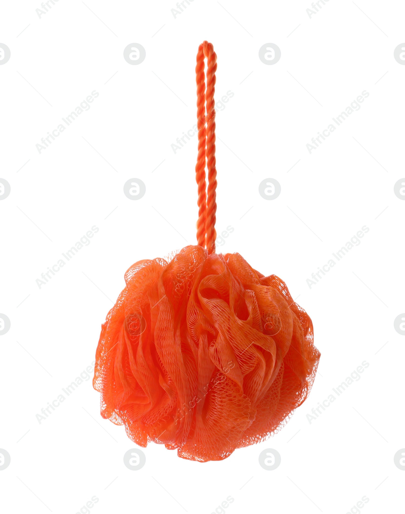 Photo of New orange shower puff isolated on white