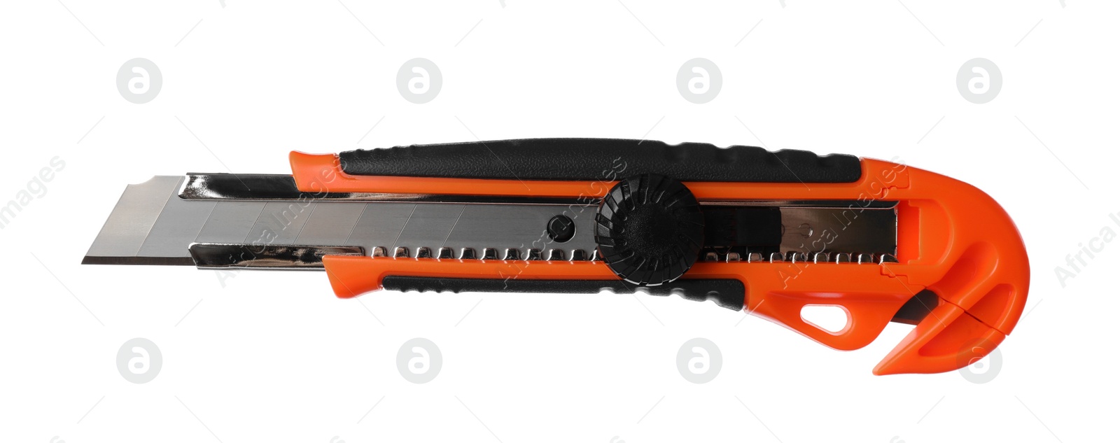 Photo of Orange utility knife isolated on white. Construction tool