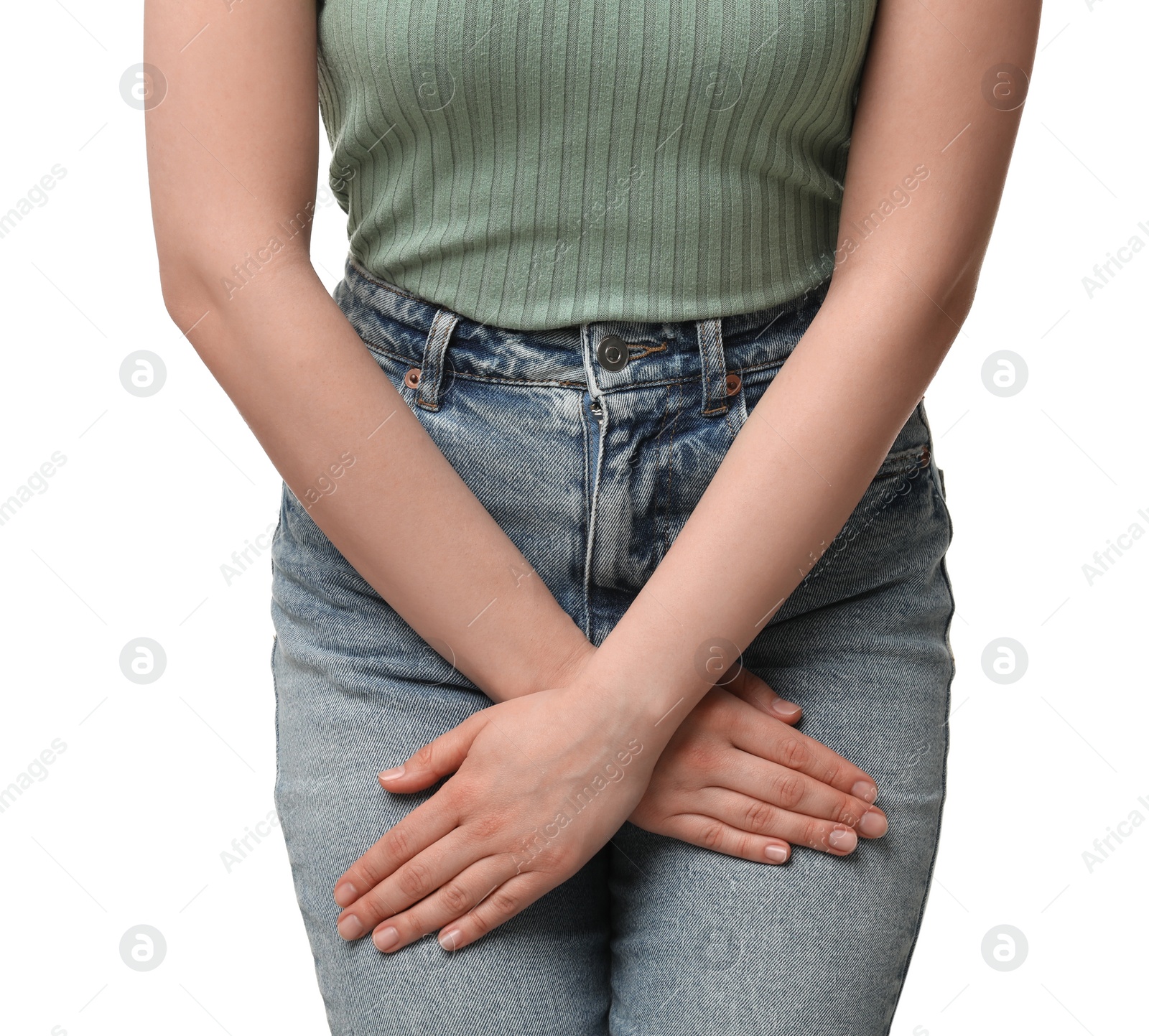 Photo of Woman suffering from cystitis on white background, closeup