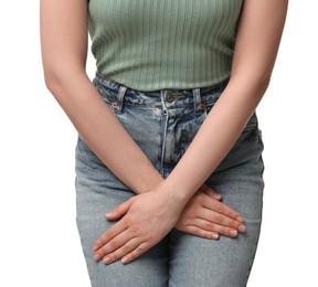 Woman suffering from cystitis on white background, closeup