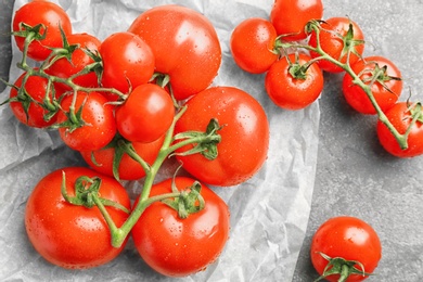 Fresh ripe red tomatoes on table, top view