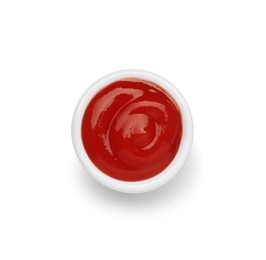 Photo of Bowl of tasty ketchup isolated on white, top view. Tomato sauce